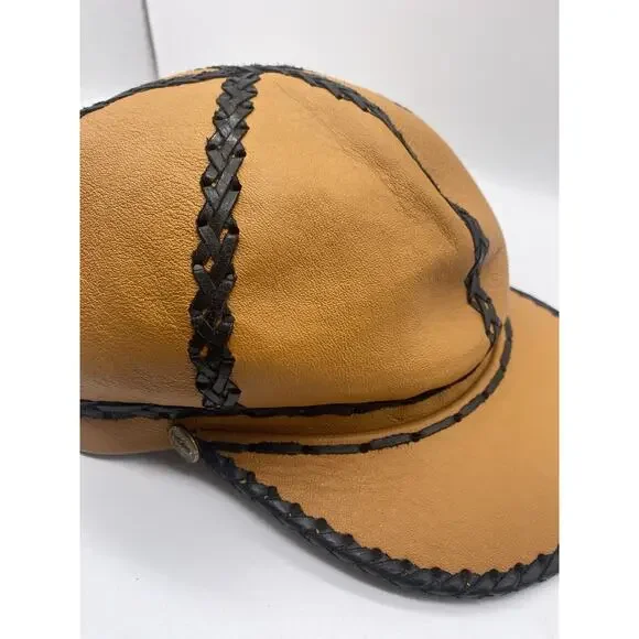 1970s Newsboy Cap Hat Cabbie 6 Panel Leather Braided Hippie  display picture 1